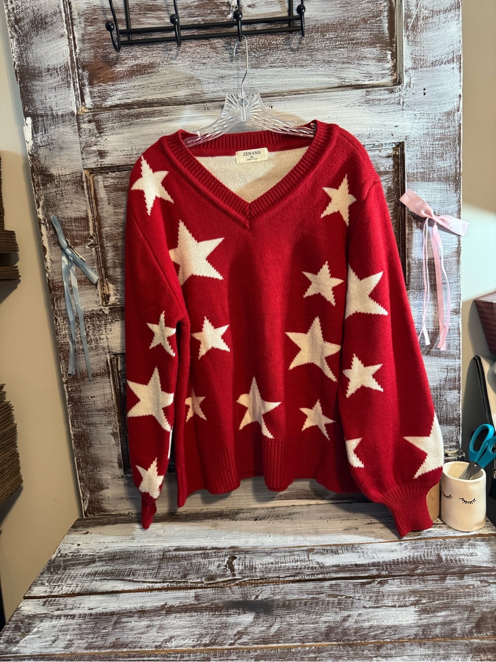 Zenana Outfitters Red V-Neck Sweater with Cream Star Pattern